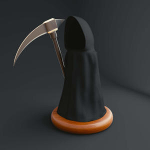Renderização 3D de um bonequinho encapuzado carregando uma foice, representando a morte