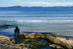 Foto de uma mulher de costas, usando um vestido estampado azul, de pé em uma costa rochosa na beira do oceano
